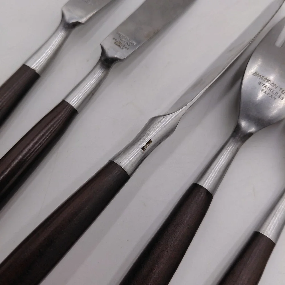 AMERICAN TEMPO 12 Mid Century Modern Stainless Flatware Faux Wood Japan MCM